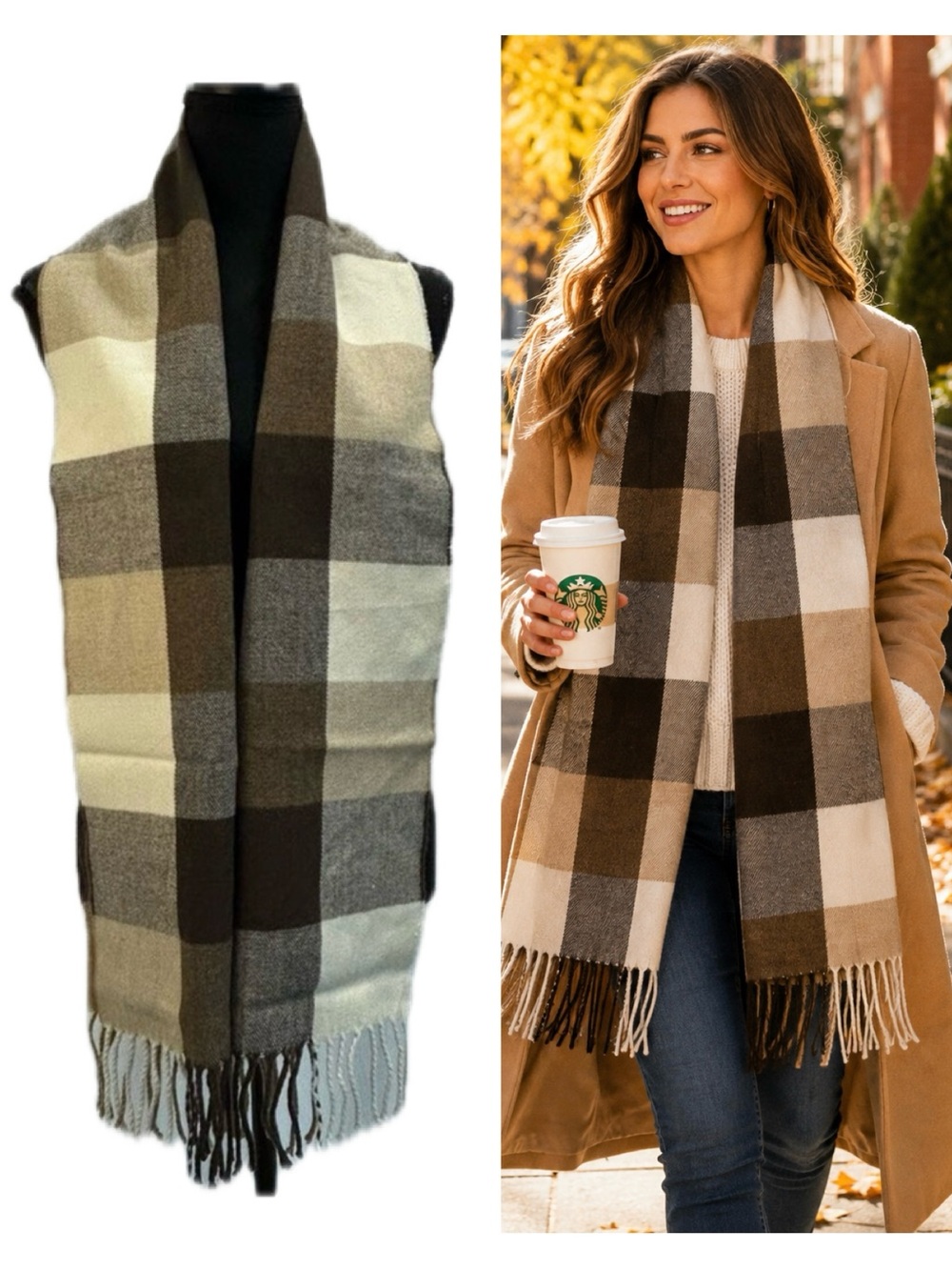 EDDIE Bauer tan Brown cream black ivory white plaid check square print scarf